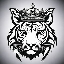 A high contrast, black and white vector-style illustration of a tiger wearing a crown. The design should be simple, flat and in line art form.