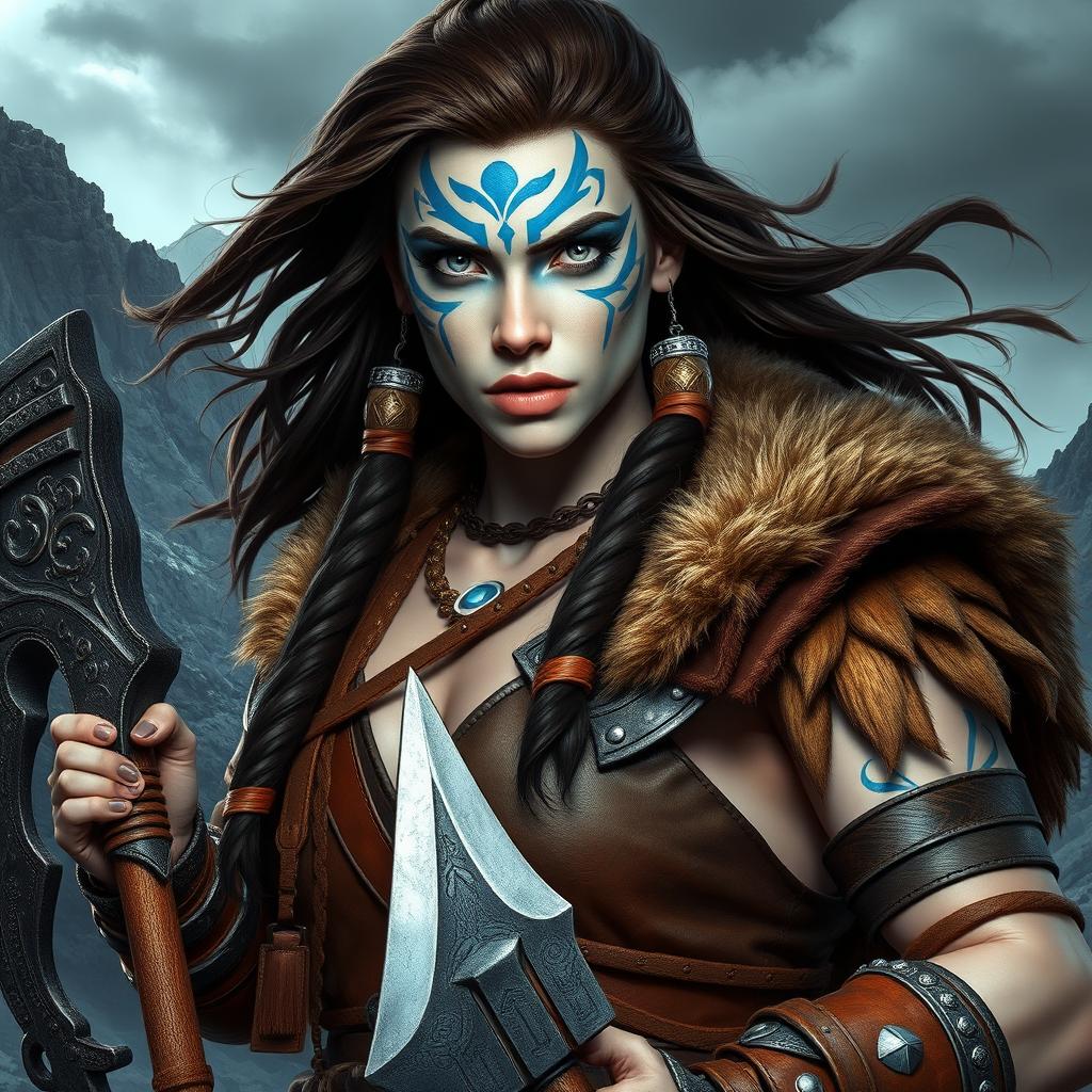 A fierce-looking female Goliath barbarian, characterized by her striking milk-white skin and piercing pale eyes that convey confidence and strength