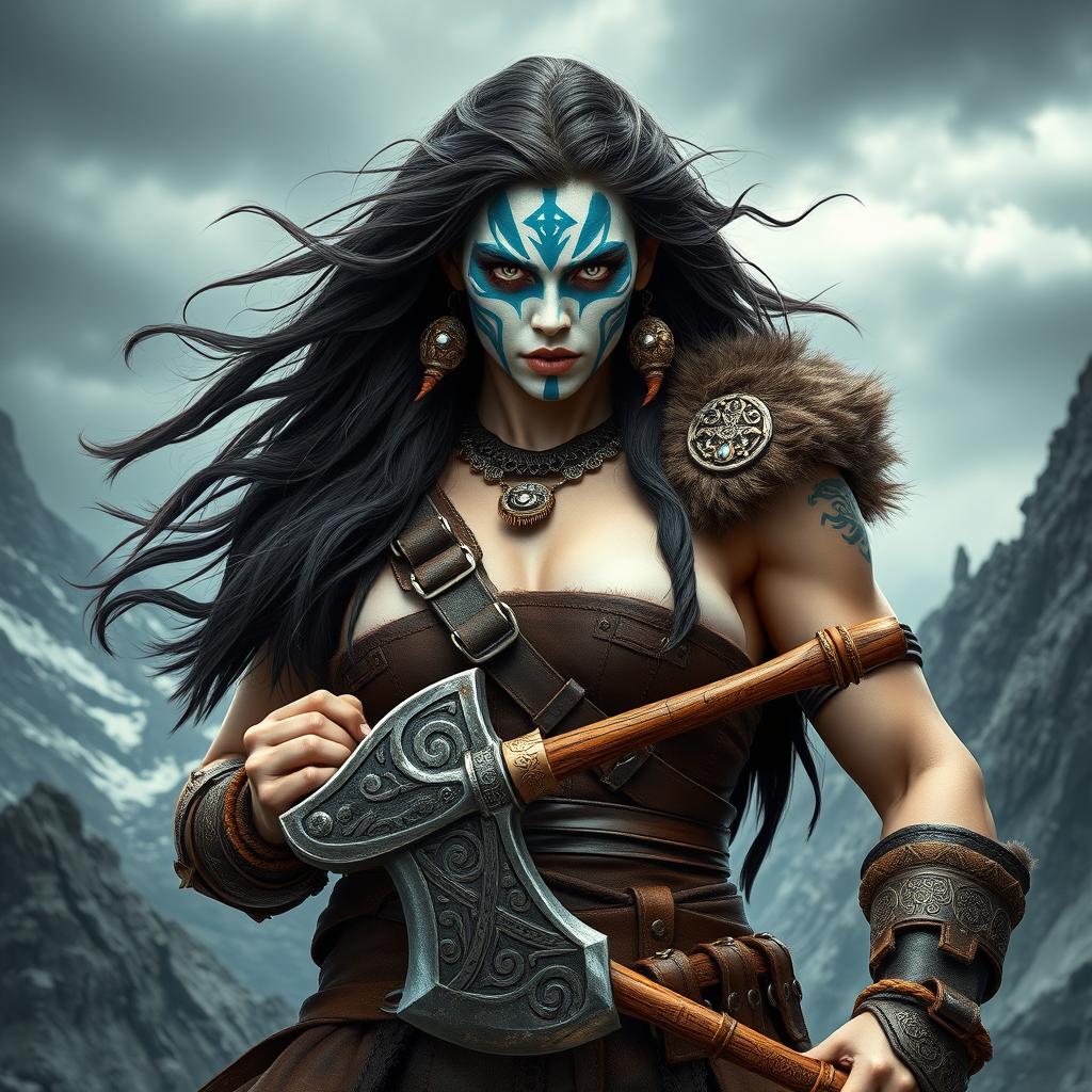 A powerful female Goliath barbarian with striking milk-white skin that contrasts beautifully with her fierce pale eyes, which shine with determination