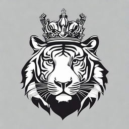 A high contrast, black and white vector-style illustration of a tiger wearing a crown. The design should be simple, flat and in line art form.