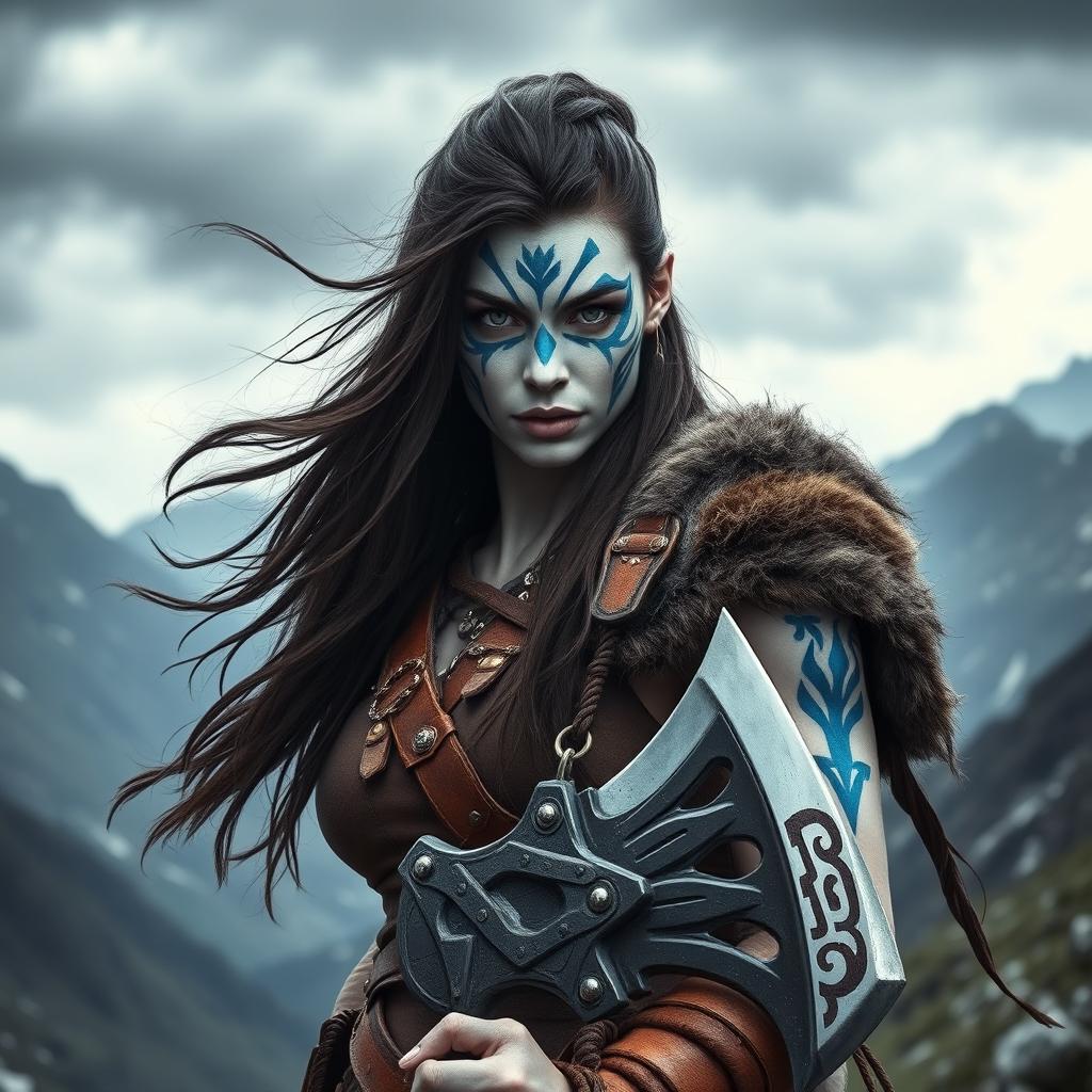 A fierce female Goliath barbarian, showcasing her striking milk-white skin and intense pale eyes filled with determination