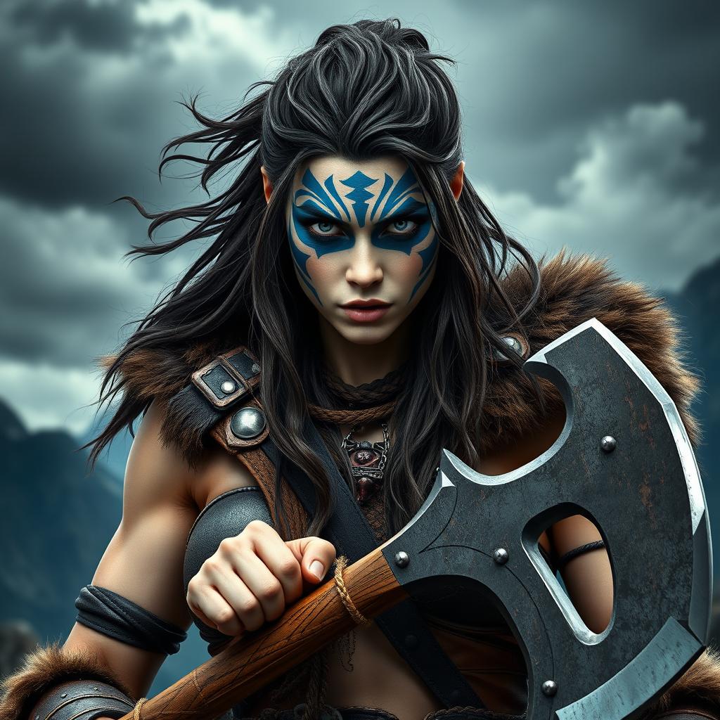 A striking female Goliath barbarian, showcasing her milk-white skin that glimmers under the light
