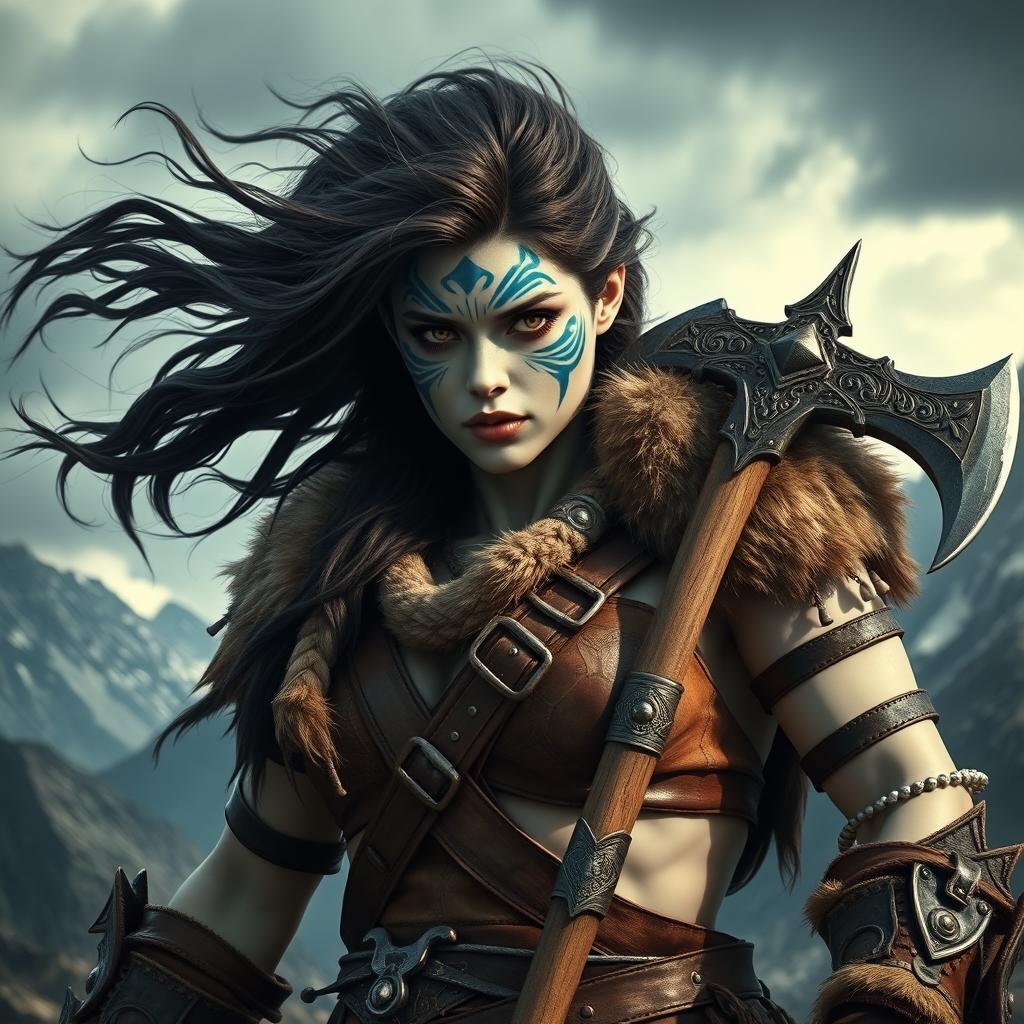 An imposing female Goliath barbarian with radiant milk-white skin and piercing pale eyes that convey strength and ferocity