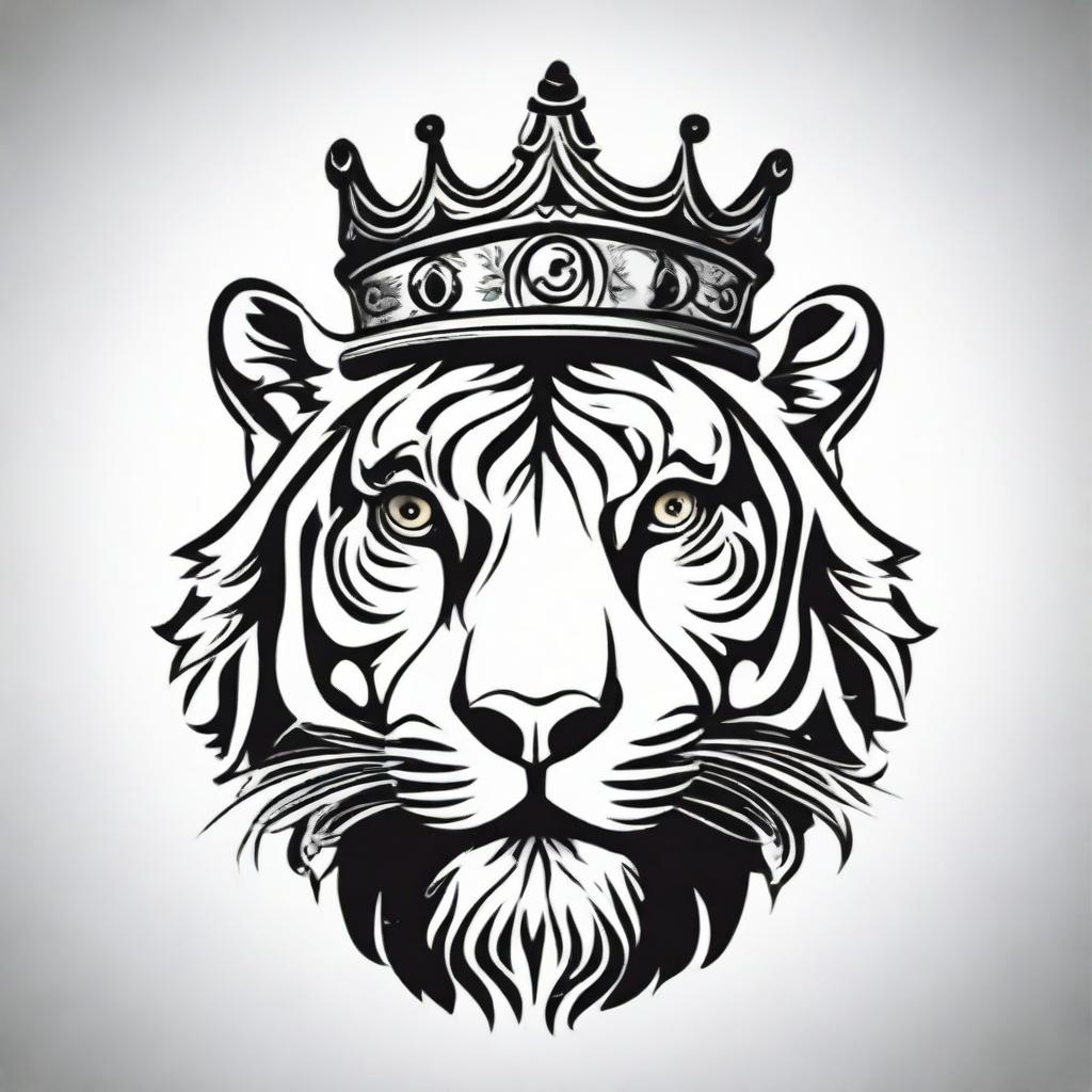 A high contrast, black and white vector-style illustration of a tiger wearing a crown. The design should be simple, flat and in line art form.