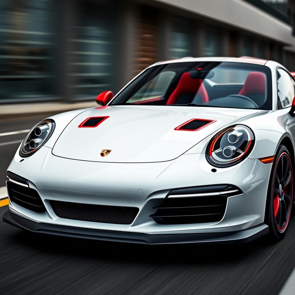 A sleek and stylish Porsche sports car, enveloped in a striking design that features bold red accents, enhancing its sporty appearance
