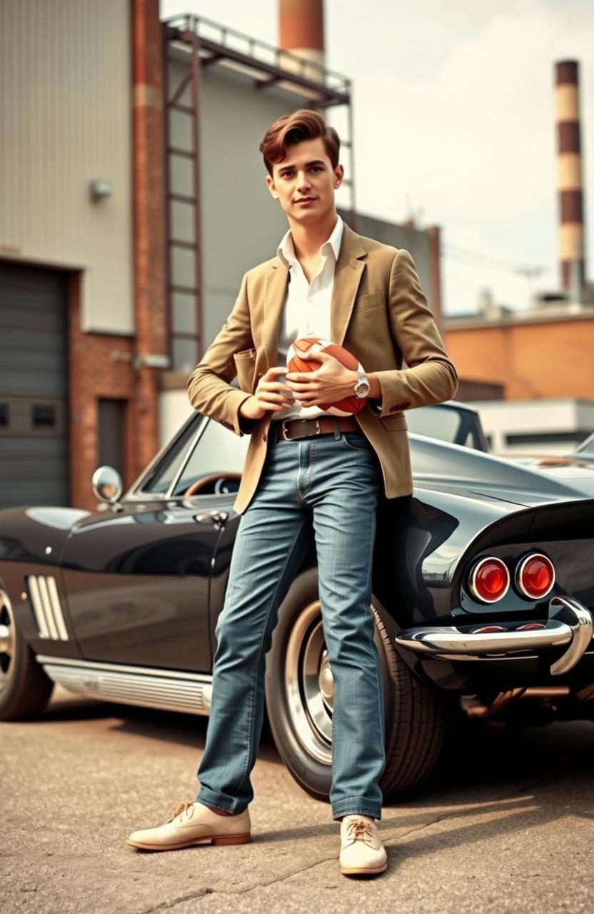 A smart looking young man named Stevie Sheen, dressed in stylish 1960s attire, standing confidently next to a flashy sports car
