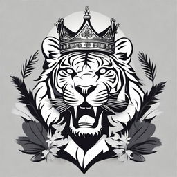 A high contrast, black and white vector-style illustration of a tiger wearing a crown. The design should be simple, flat and in line art form.