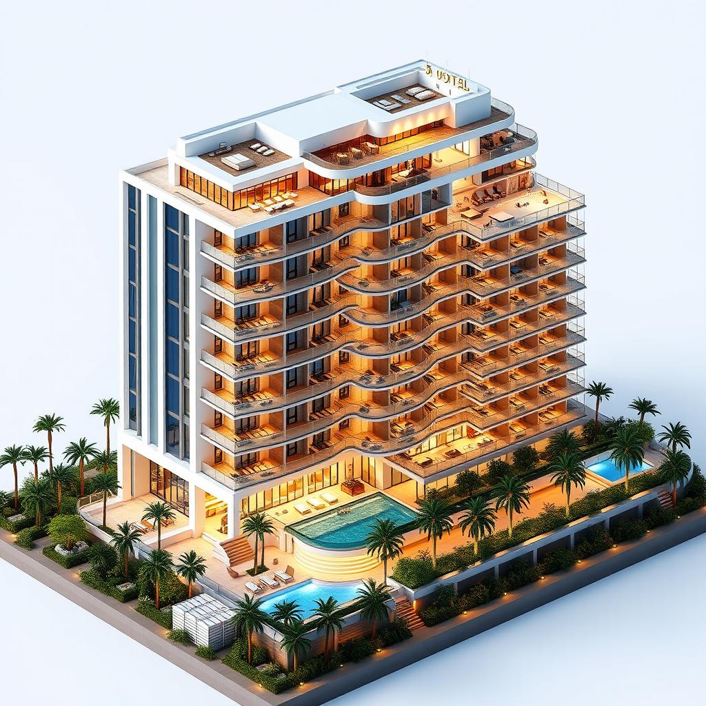 A stunning 3D architectural diagram of a luxurious 5-star hotel, showcasing its modern design and grand features