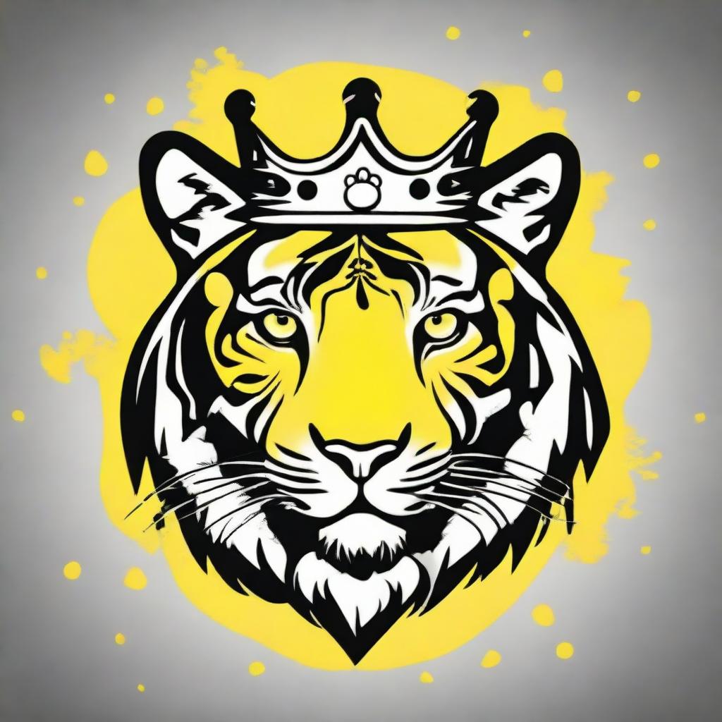 A black and white, high contrast vector-style illustration of a tiger wearing a crown on a vibrant yellow background. Maintain a simple, flat design using line art.