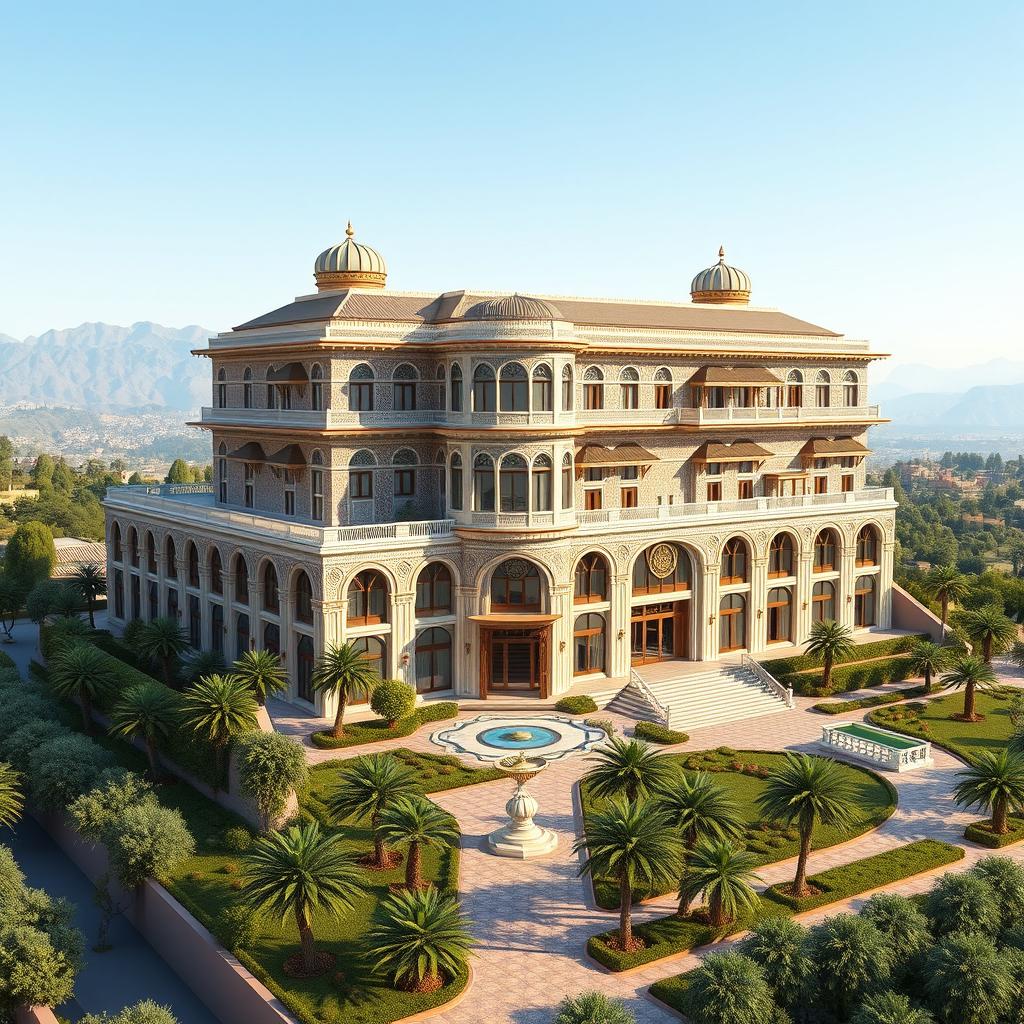 A detailed 3D architectural diagram of a luxurious 5-star hotel in Shiraz, Iran, showcasing traditional Persian architectural elements blended with modern design