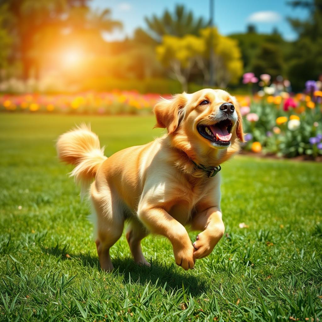 A playful scene of a dog joyfully running in a lush green park, with no shirt on, showcasing its fluffy fur and wagging tail
