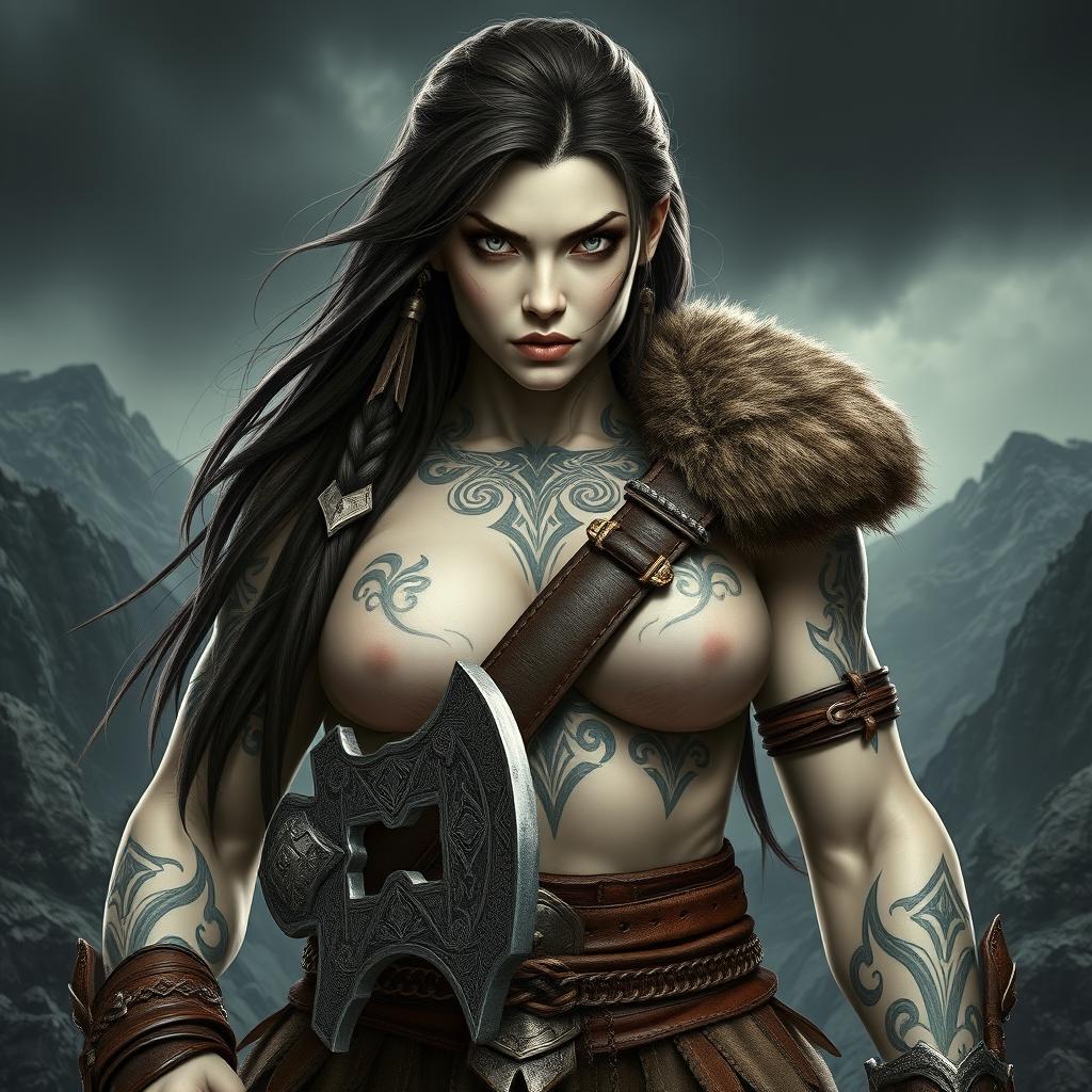 A formidable female Goliath barbarian with striking milk-white skin and piercing pale eyes that radiate intensity