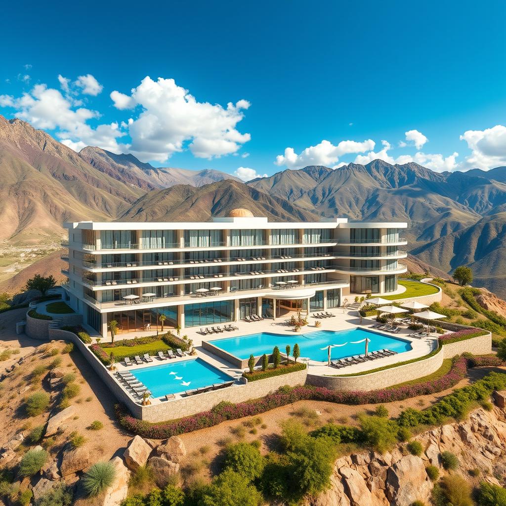 A stunning 3D diagram of a luxurious 5-star hotel set in the breathtaking mountains of Shiraz, Iran