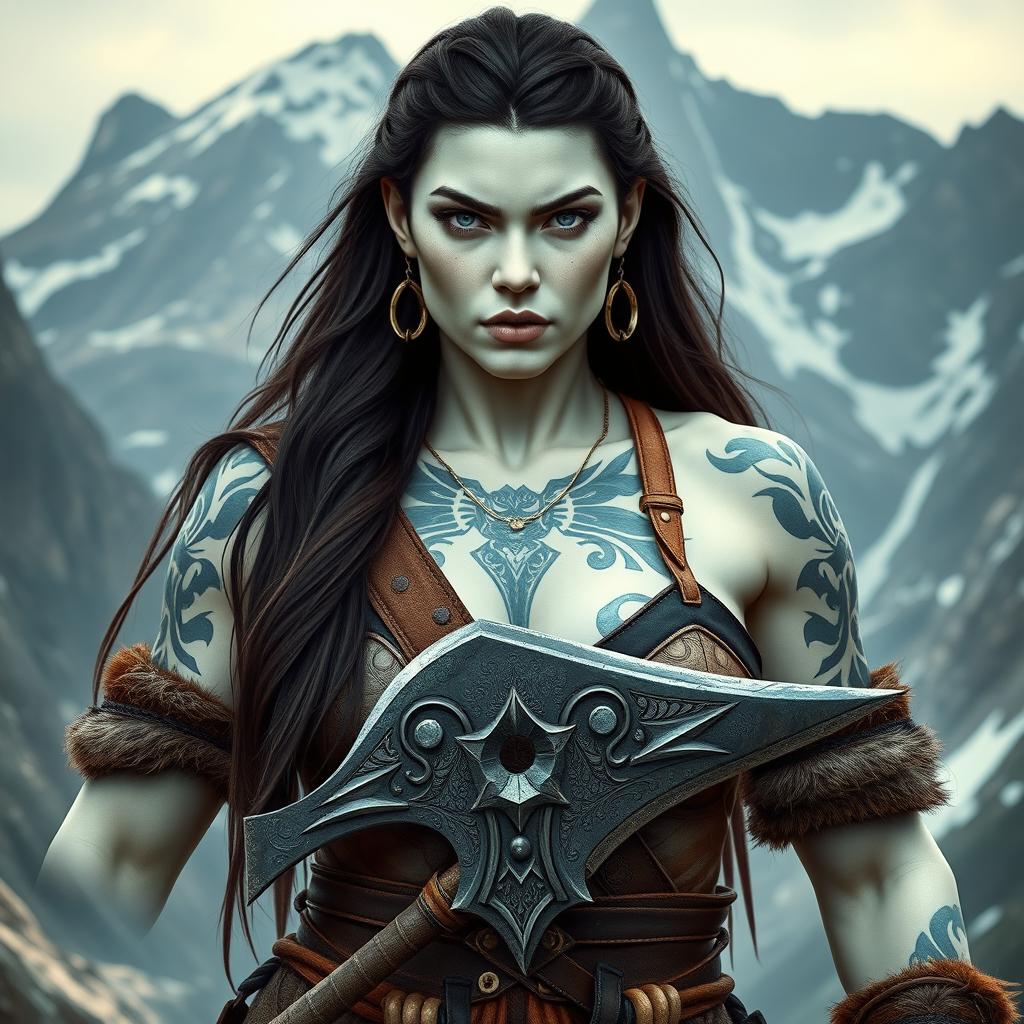 An awe-inspiring female Goliath barbarian, featuring striking milk-white skin that stands out against her surroundings