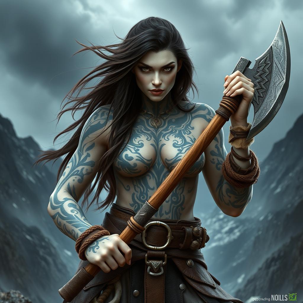 A powerful female Goliath barbarian characterized by her striking milk-white skin and fierce pale eyes that reflect her unyielding spirit