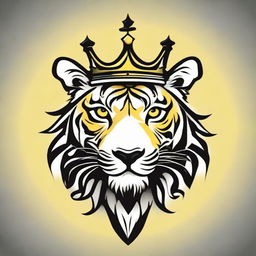 A black and white, high contrast vector-style illustration of a tiger wearing a crown on a vibrant yellow background. Maintain a simple, flat design using line art.