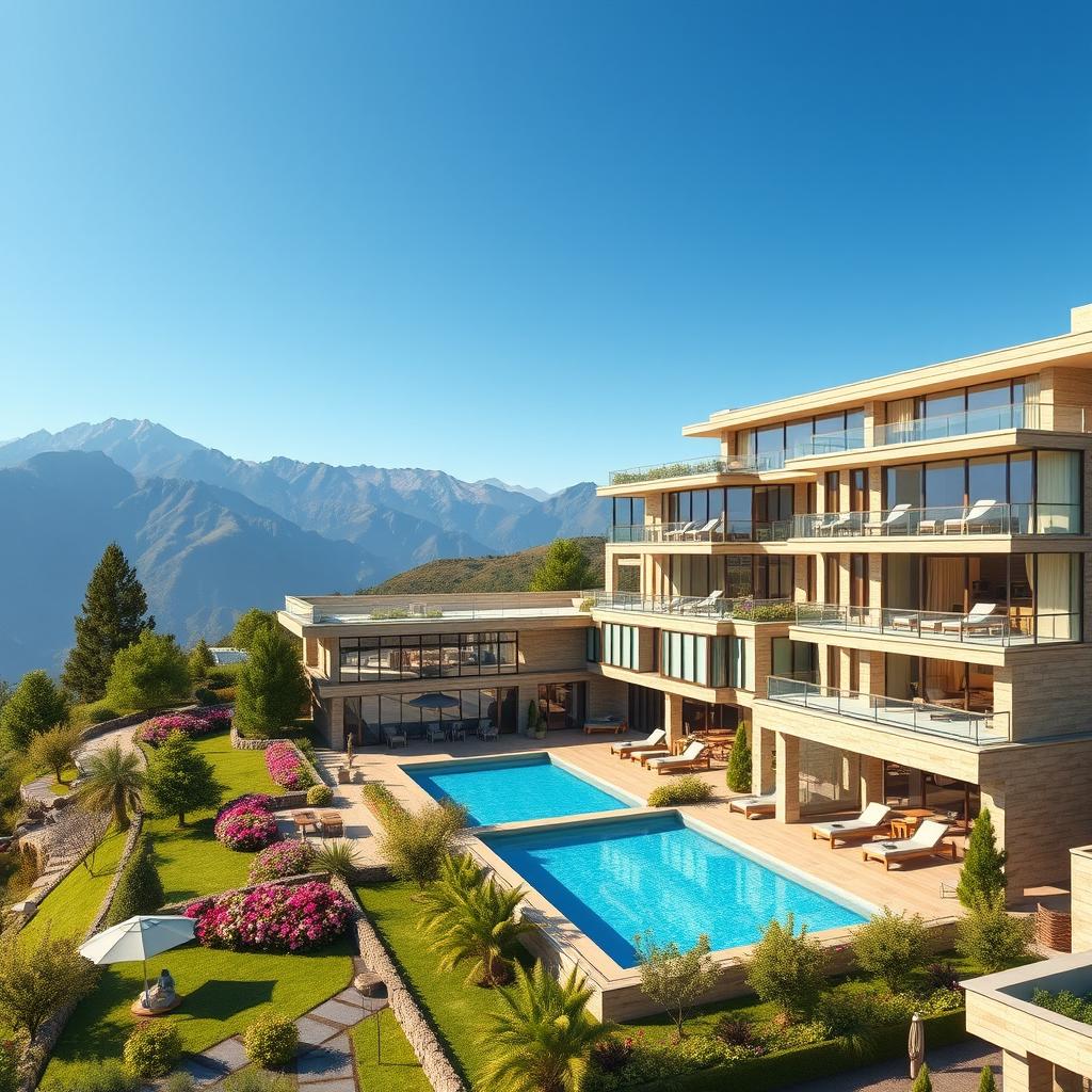 A detailed 3D diagram of a luxurious 5-star hotel set amidst the stunning mountains of Shiraz, Iran