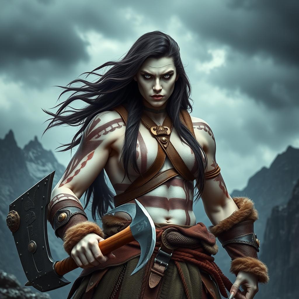An imposing female Goliath barbarian showcasing her striking milk-white skin and fierce pale eyes that shine with determination