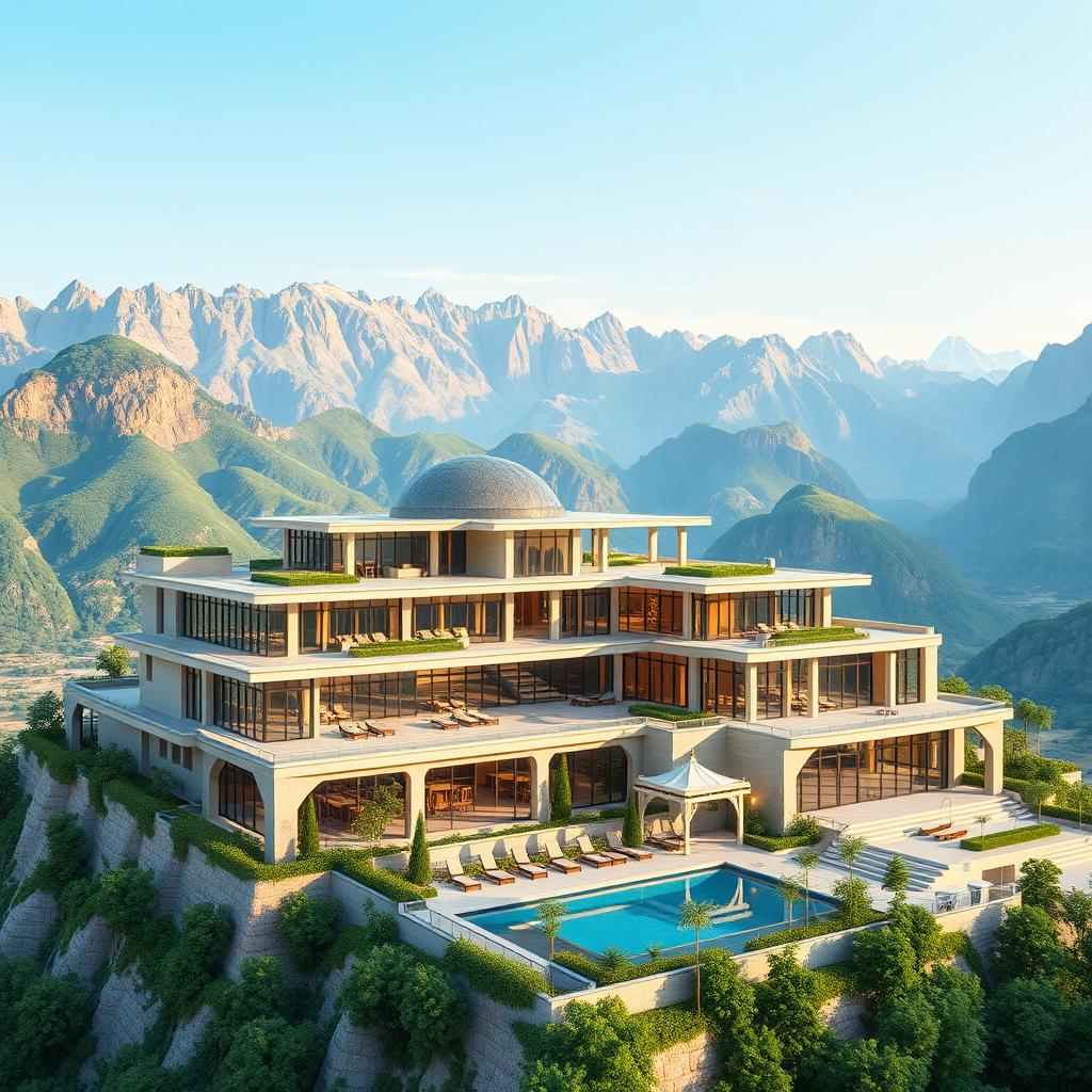 A stunning 3D architectural diagram depicting a luxurious five-star hotel nestled in the majestic mountains of Shiraz, Iran