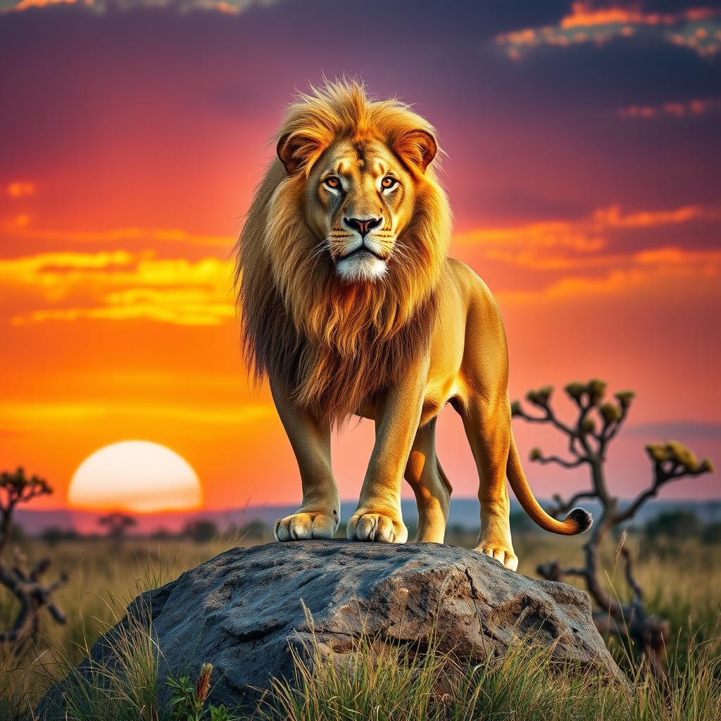 A majestic big lion, with a flowing golden mane, standing proudly on a rocky outcrop in the savanna
