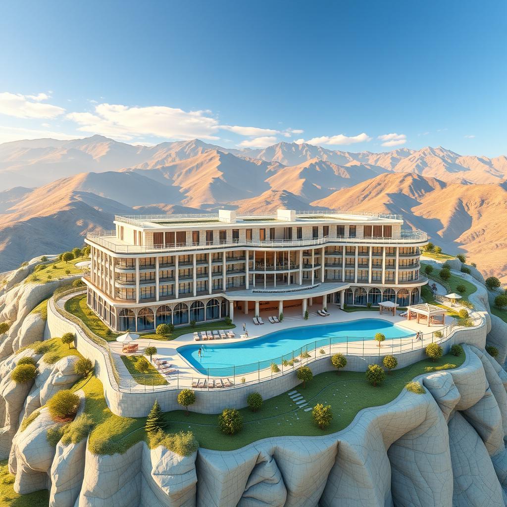 A detailed 3D diagram of a luxurious five-star hotel, elegantly spread out amidst the scenic mountains of Shiraz, Iran