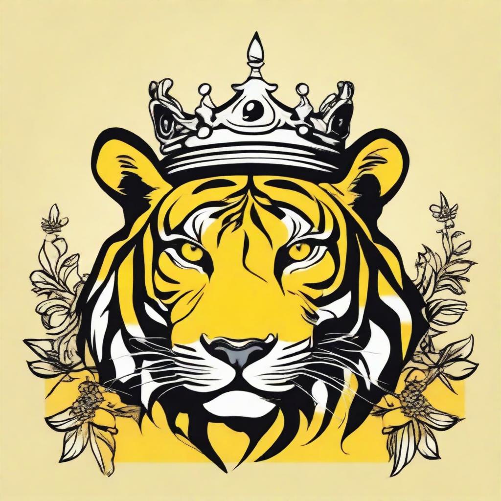 A black and white, high contrast vector-style illustration of a tiger wearing a crown on a vibrant yellow background. Maintain a simple, flat design using line art.