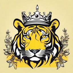 A black and white, high contrast vector-style illustration of a tiger wearing a crown on a vibrant yellow background. Maintain a simple, flat design using line art.