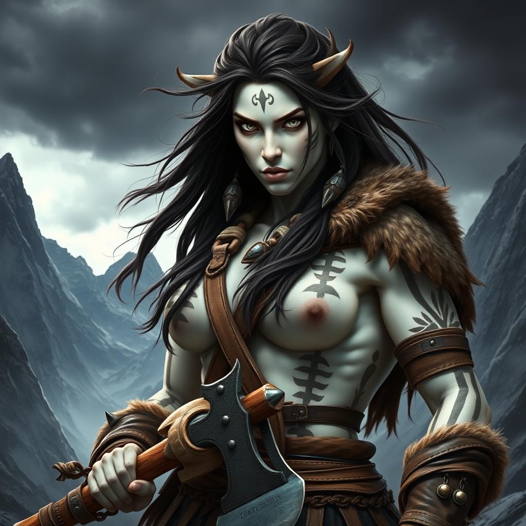A fierce female Goliath barbarian, showcasing her striking milk-white skin that beautifully contrasts with her surroundings