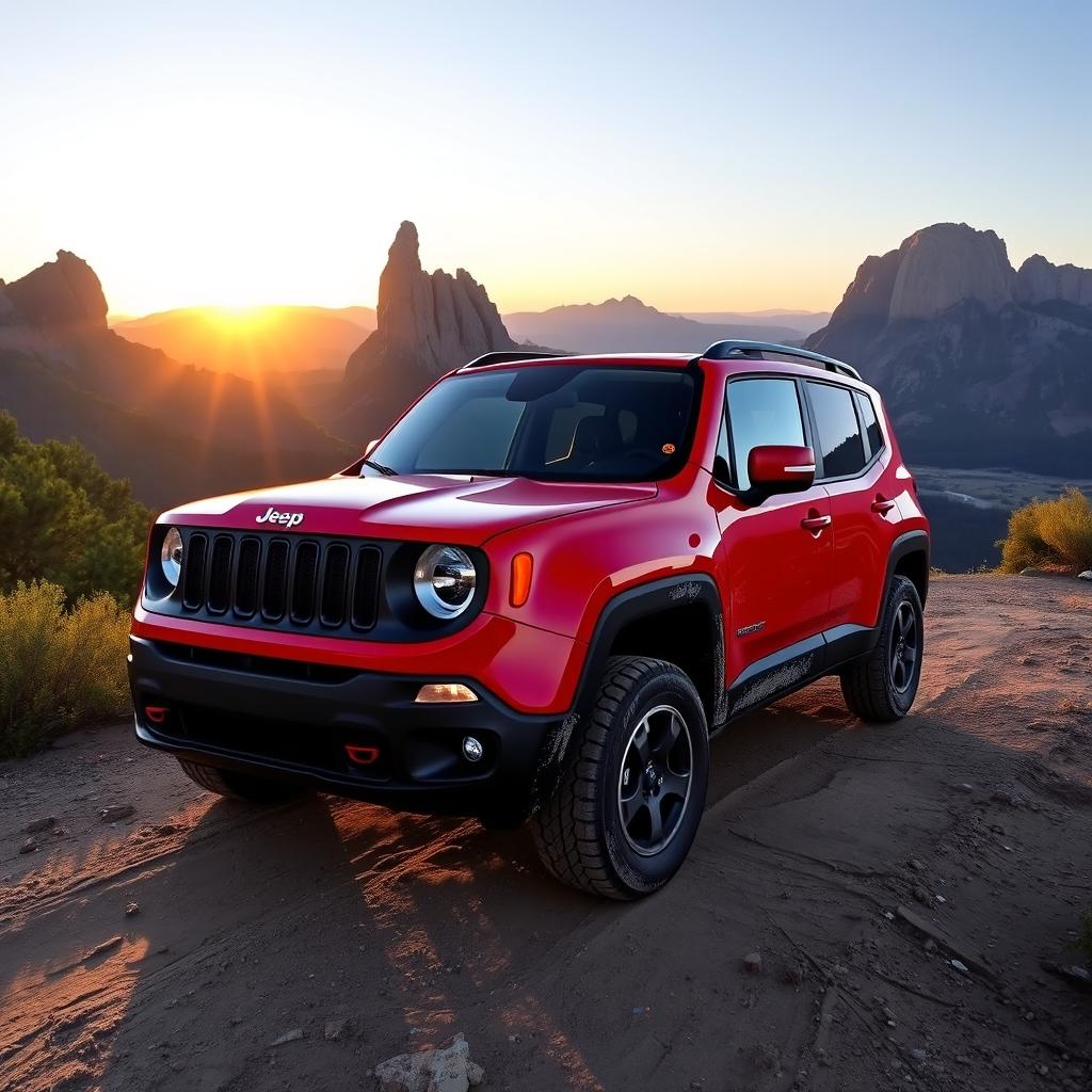 A shiny, bright red Jeep Renegade parked on a rugged mountain trail, surrounded by lush greenery and towering rock formations