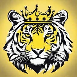 A black and white, high contrast vector-style illustration of a tiger wearing a crown on a vibrant yellow background. Maintain a simple, flat design using line art.