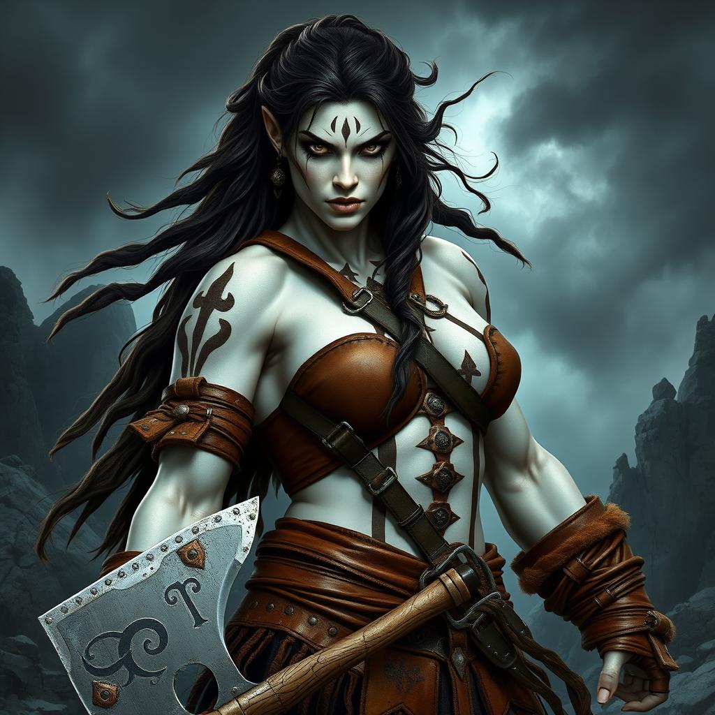 A fierce female Goliath barbarian, showcasing her striking milk-white skin that beautifully contrasts with her surroundings