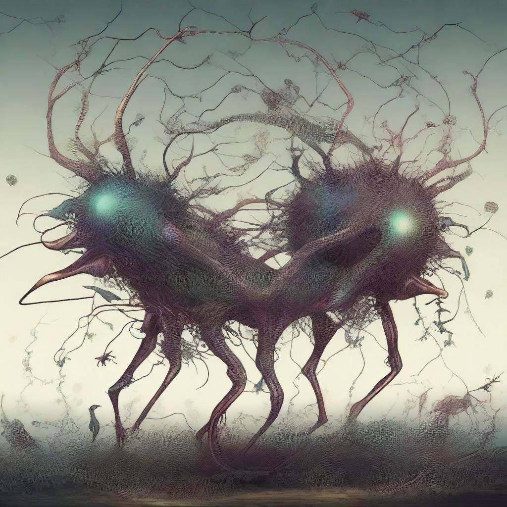 A high-quality, surreal digital art piece showcasing neuron-headed riddle beasts