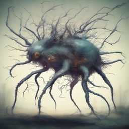 A high-quality, surreal digital art piece showcasing neuron-headed riddle beasts