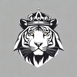 A high contrast, black and white vector-style image of a tiger wearing a crown, set in simple flat design and line art without any use of grayscale.