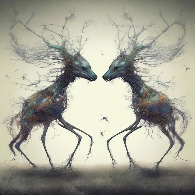 A high-quality, surreal digital art piece showcasing neuron-headed riddle beasts