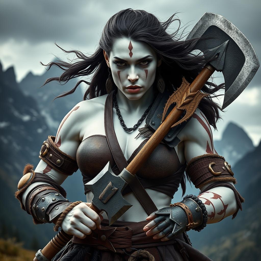 A fierce female Goliath barbarian, possessing striking milk-white skin that contrasts dramatically with her environment