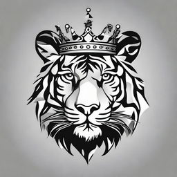 A high contrast, black and white vector-style image of a tiger wearing a crown, set in simple flat design and line art without any use of grayscale.