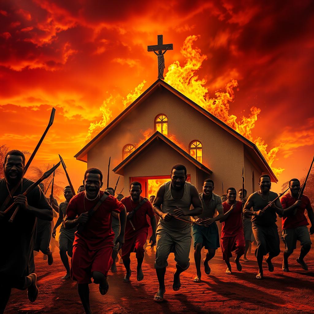 A dramatic scene depicting members fleeing from a burning church in Africa, showcasing their expressions of fear and urgency