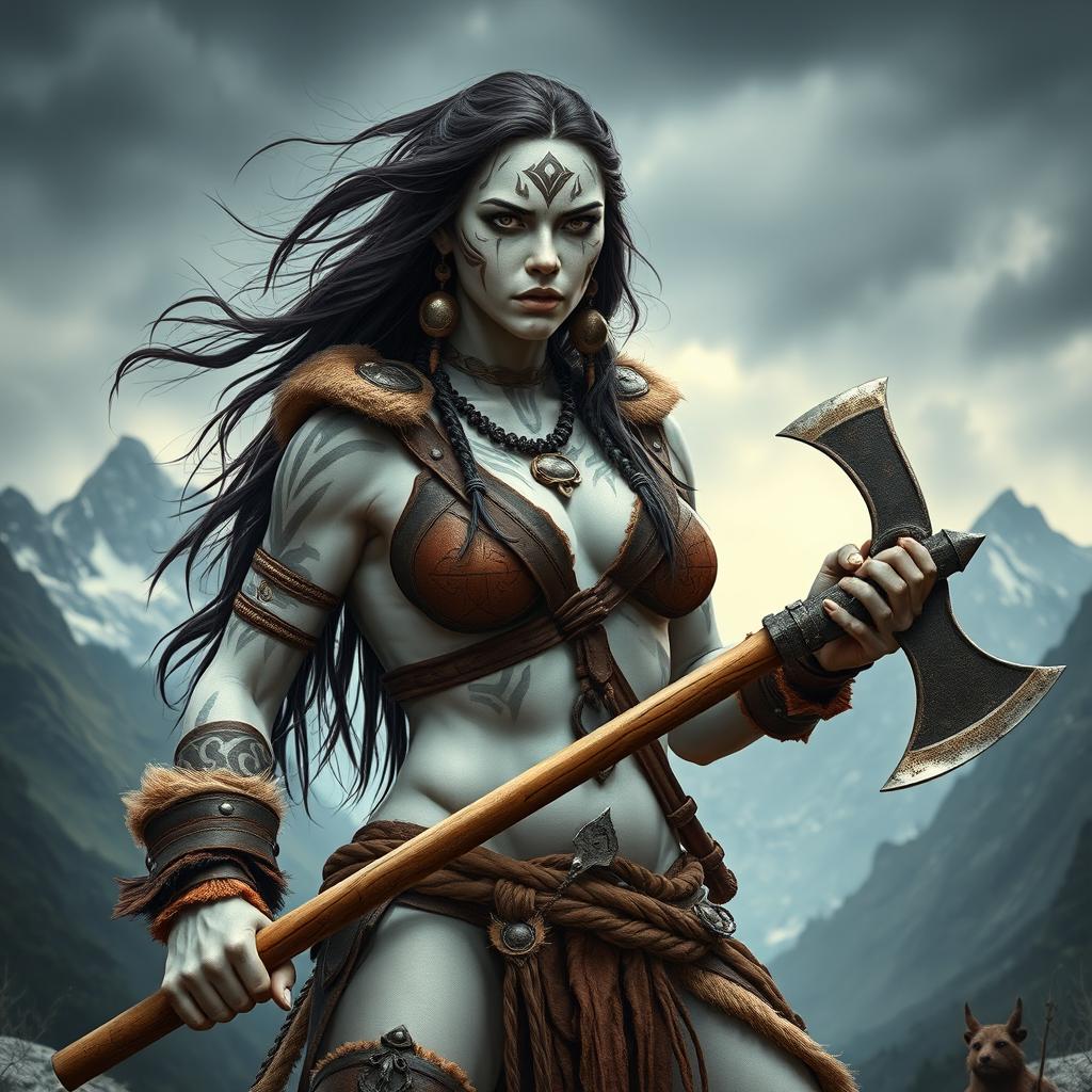 A powerful female Goliath barbarian, characterized by her striking milk-white skin that stands out boldly against her environment