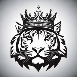 A high contrast, black and white vector-style image of a tiger wearing a crown, set in simple flat design and line art without any use of grayscale.