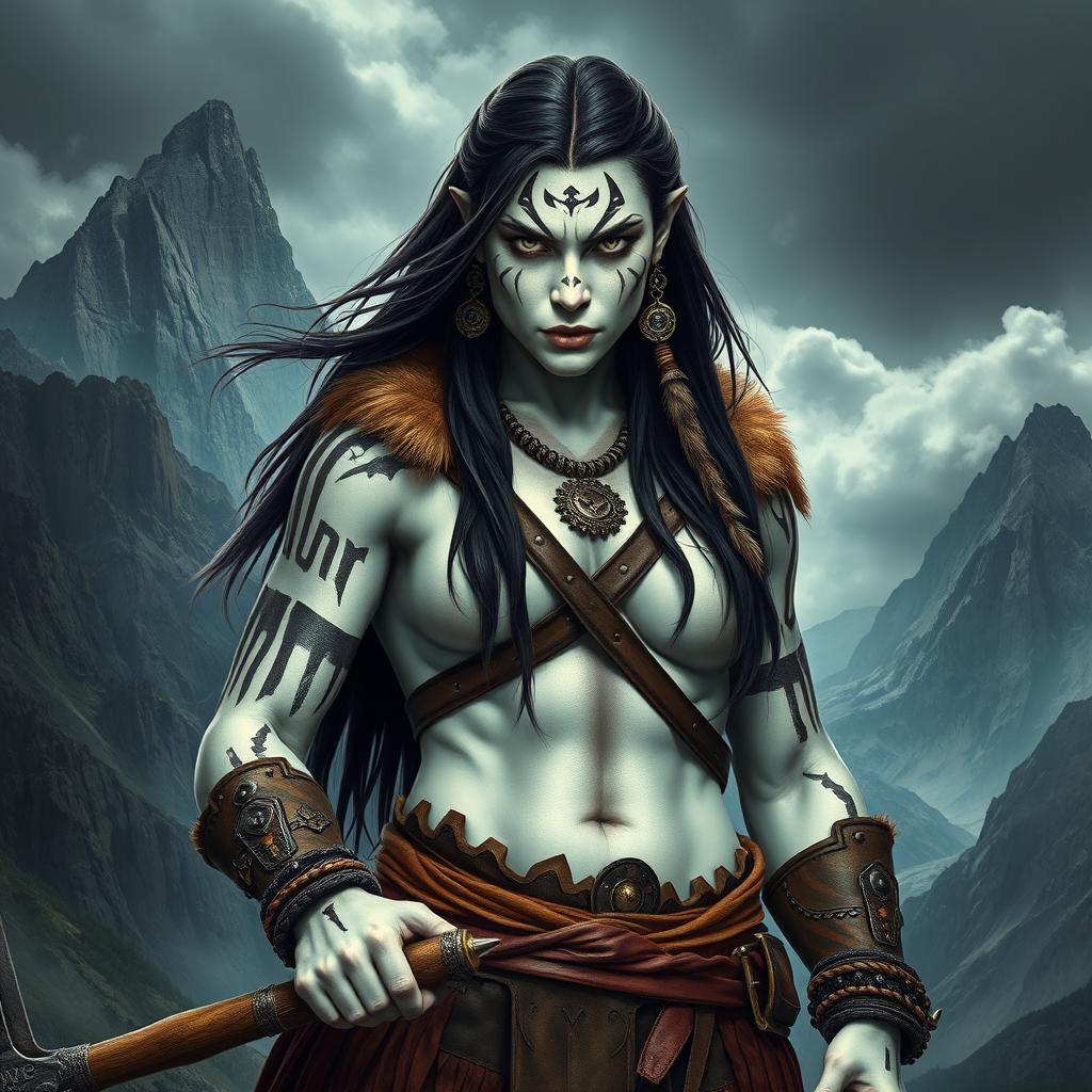 A formidable female Goliath barbarian, possessing striking milk-white skin that contrasts vividly against the rugged wilderness around her