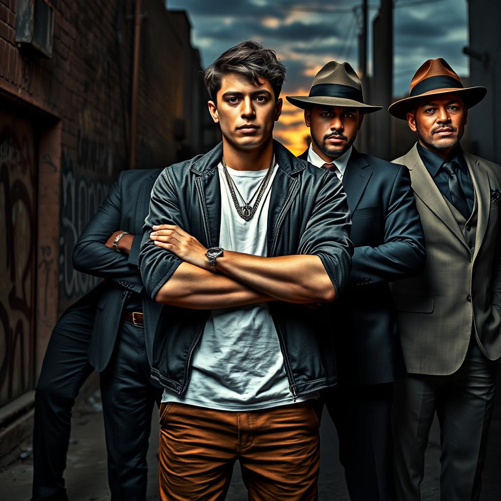 A creative and vivid portrait of a young man, dressed in stylish streetwear, standing confidently with arms crossed