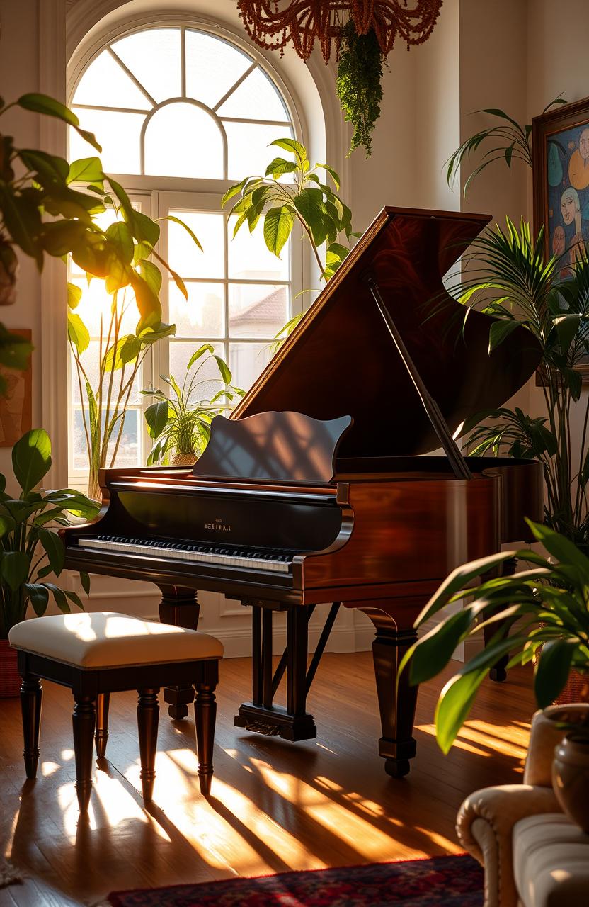 A majestic grand piano in a sunlit room, surrounded by lush indoor plants