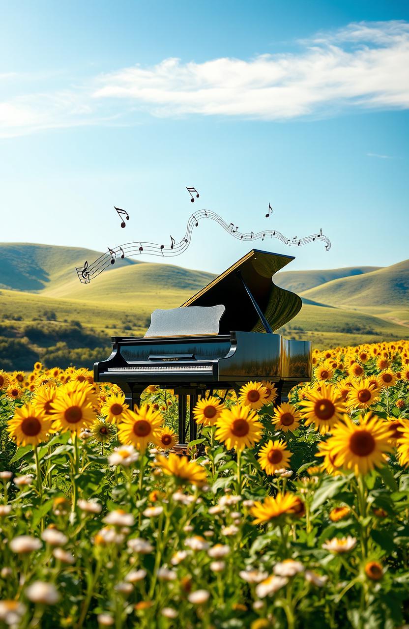 A mesmerizing, atmospheric scene capturing a grand piano in the heart of a beautifully adorned Ukrainian landscape, symbolizing freedom