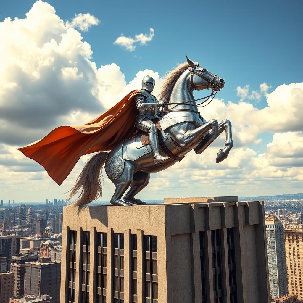A heroic knight riding a magnificent horse atop a ten-story building