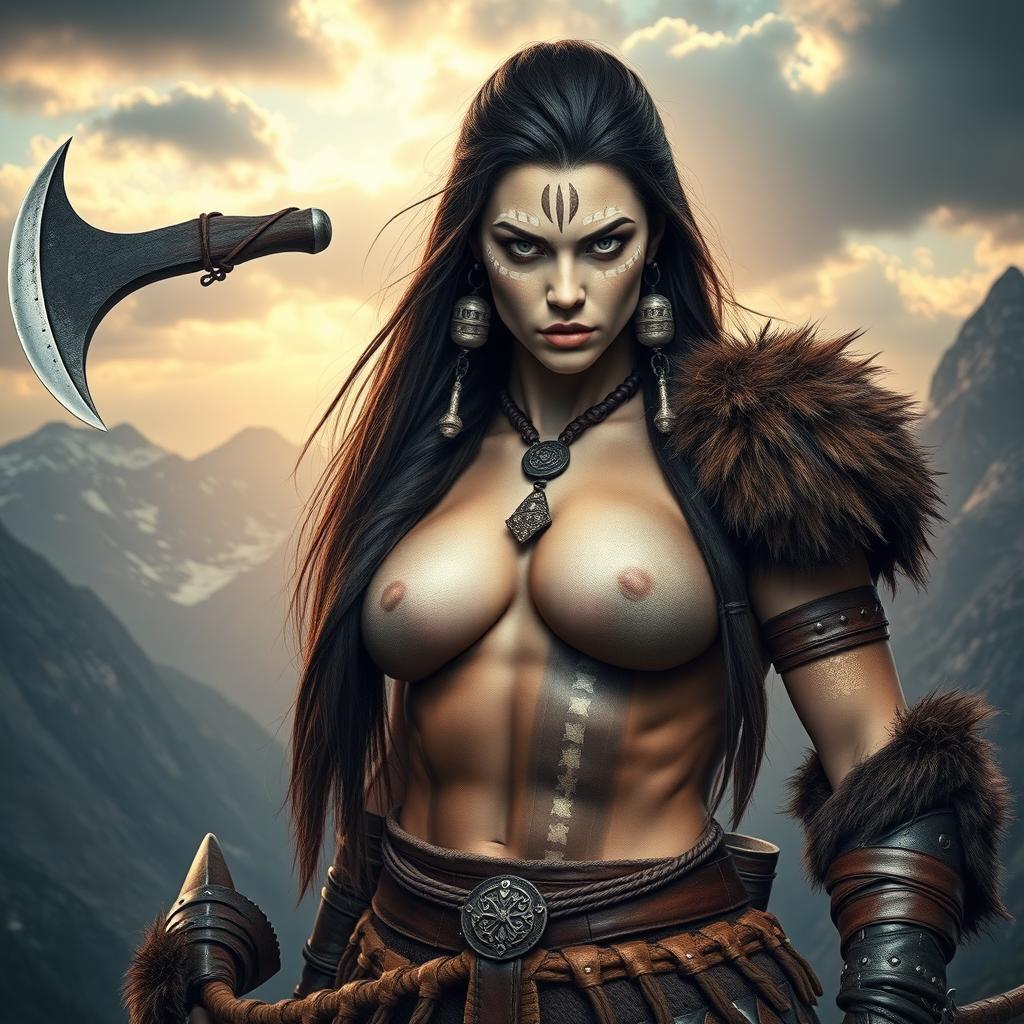 A striking female Goliath barbarian featuring milk-white skin that accentuates her fierce appearance