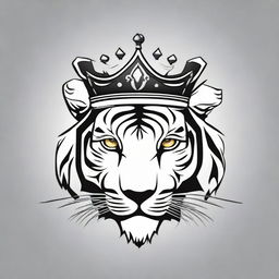 A high contrast, black and white vector-style image of a tiger wearing a crown, set in simple flat design and line art without any use of grayscale.