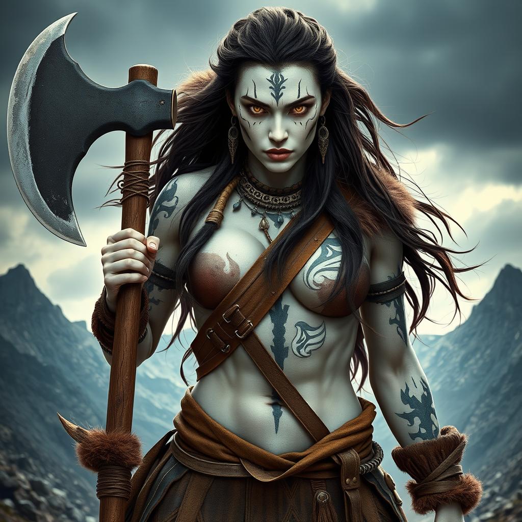 A fierce female Goliath barbarian, showcasing her striking milk-white skin that emphasizes her powerful stature