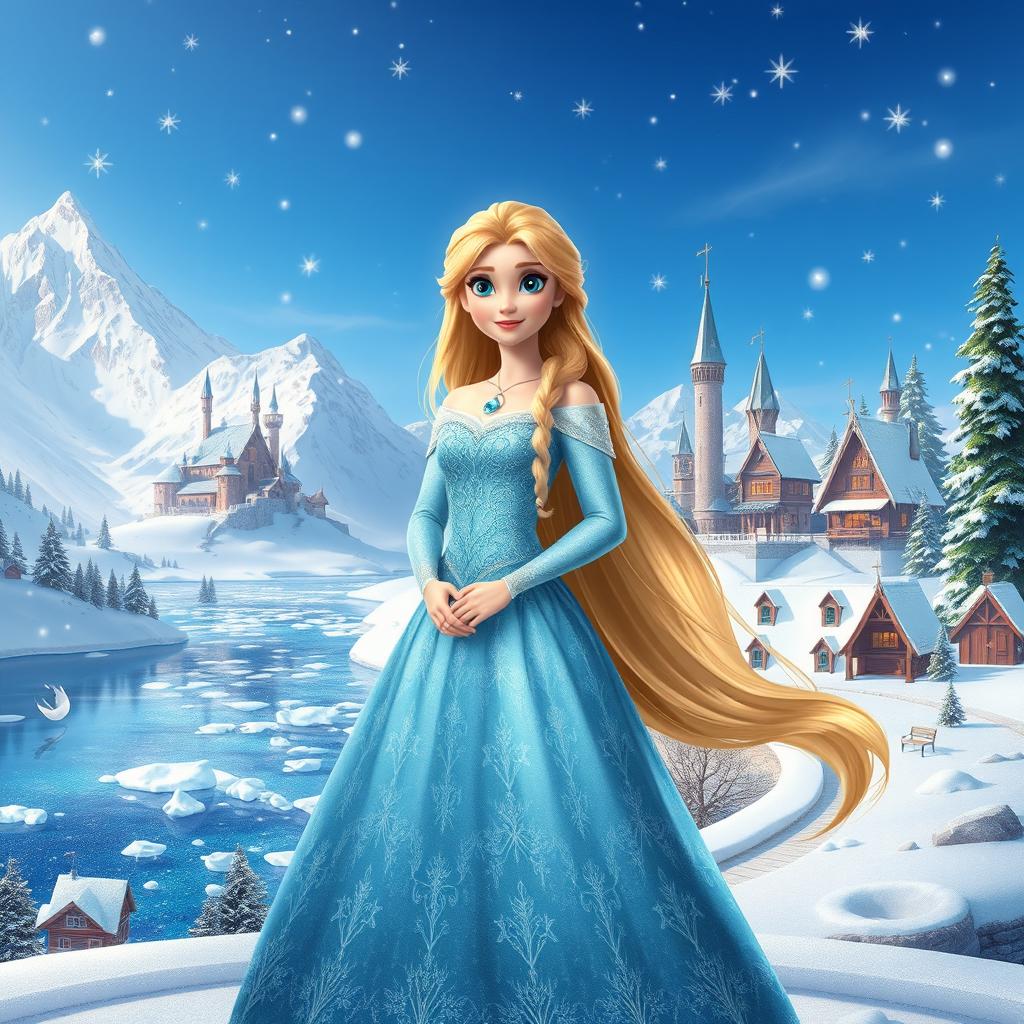 A magical fairy tale scene featuring a beautiful princess named Isabella in the enchanting land of Arendelle