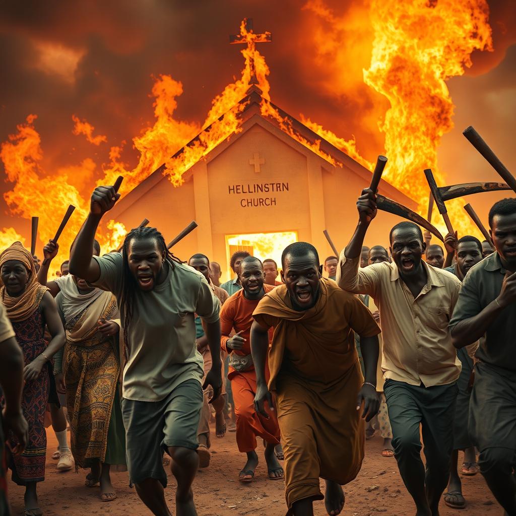 A dramatic scene depicting a group of church members fleeing a burning church in Africa, showing a mix of fear and urgency on their faces